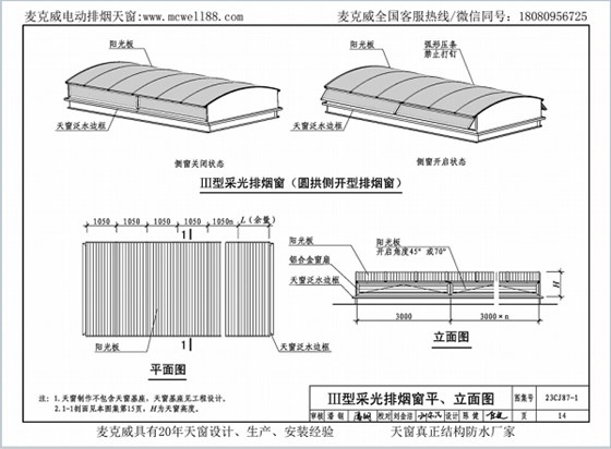 23CJ87-1采光、通風、消防排煙天窗（一）中III型側(cè)開式圓拱型電動采光排煙天窗
