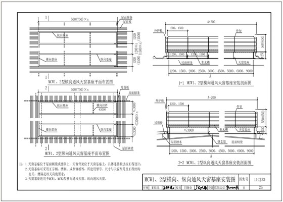 11cj33MCW1、2型橫向、縱向通風(fēng)天窗基座安裝圖
